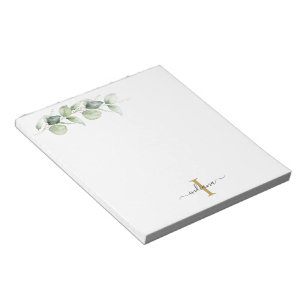 Eucalyptus Floral Sage Green Monogram Script Name Notepad
