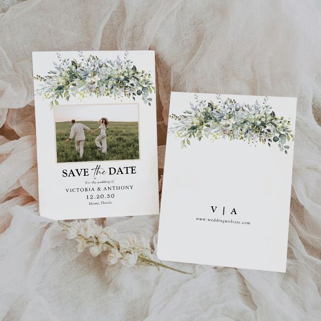 Eucalyptus Floral Save The Date with Photo Card (Creator Uploaded)