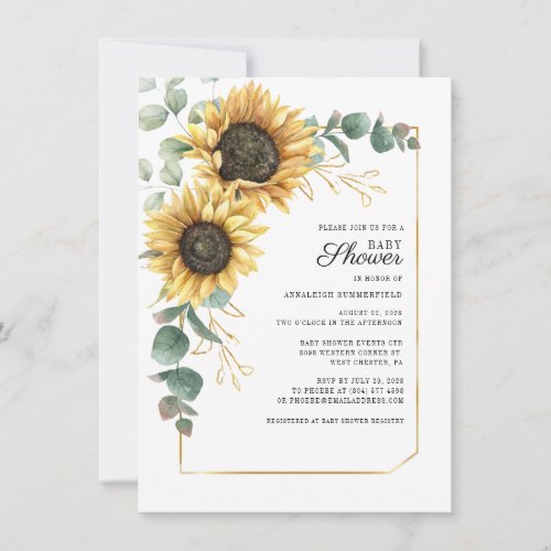 Eucalyptus Floral Sunflower Script Baby Shower Invitation