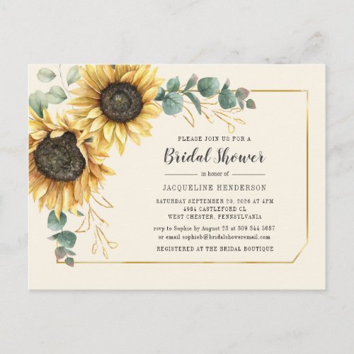 Eucalyptus Floral Sunflower Script Bridal Shower Invitation Postcard