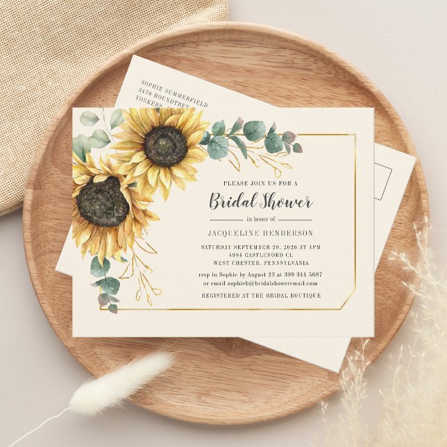 Eucalyptus Floral Sunflower Script Bridal Shower Invitation Postcard (Floral Sunflower Eucalyptus Greenery Bridal Shower Invitation Postcard)