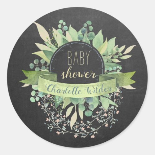 Eucalyptus Floral Vines Baby Shower Chalkboard Cla Classic Round Sticker