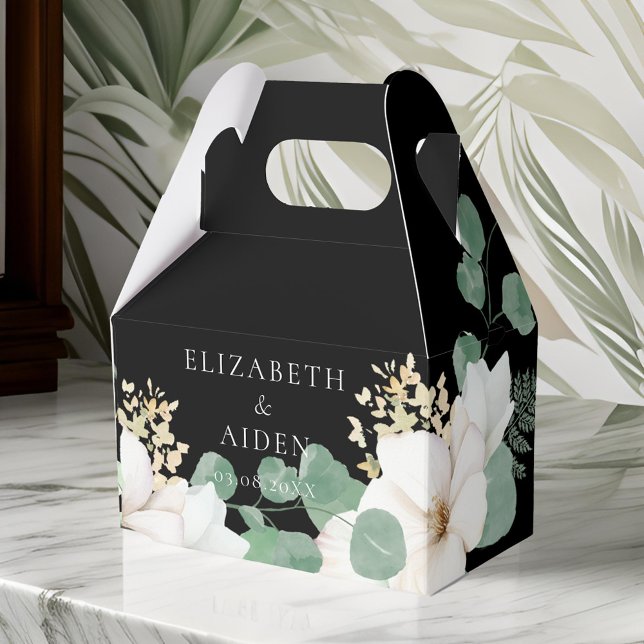Eucalyptus Floral Wedding Collection  Favor Boxes (Eucalyptus Floral Wedding Collection Favor Boxes,black, white. With your name and date)