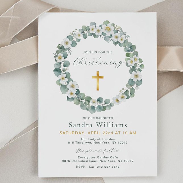 Eucalyptus Floral Wreath Christening Invitation  (Eucalyptus Floral Wreath Baptism Invite)