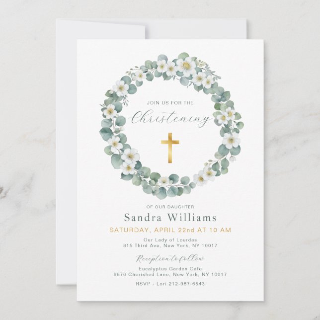 Eucalyptus Floral Wreath Christening Invitation  (Front)