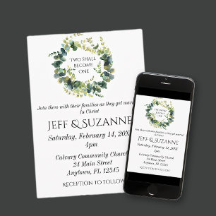 Eucalyptus Floral Wreath Two Become One Wedding Invitation