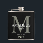 Eucalyptus Florals Monogram Groom Flask<br><div class="desc">Eucalyptus Florals Monogram Groomsman Flask 
A wonderful thank you gift for a groom.  Sleek,  elegant,  black case with a monogram first name and large turquise first letter of first or last name behind it.</div>