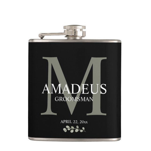 Eucalyptus Florals Monogram Groom Flask (Front)