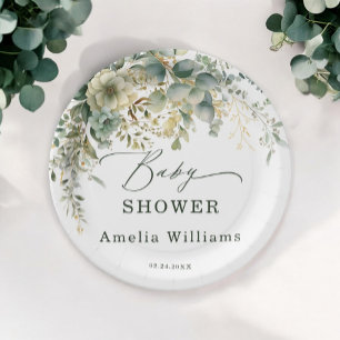 Eucalyptus Flower Watercolor Green Gold Paper Plates