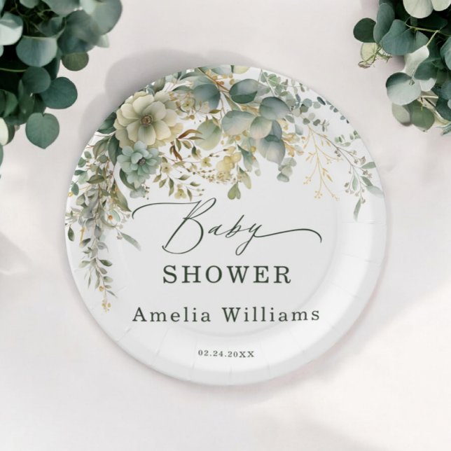 Eucalyptus Flower Watercolor Green Gold Paper Plates (Creator Uploaded)