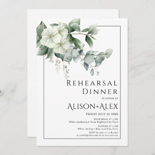 Eucalyptus flowers border wedding rehearsal dinner invitation