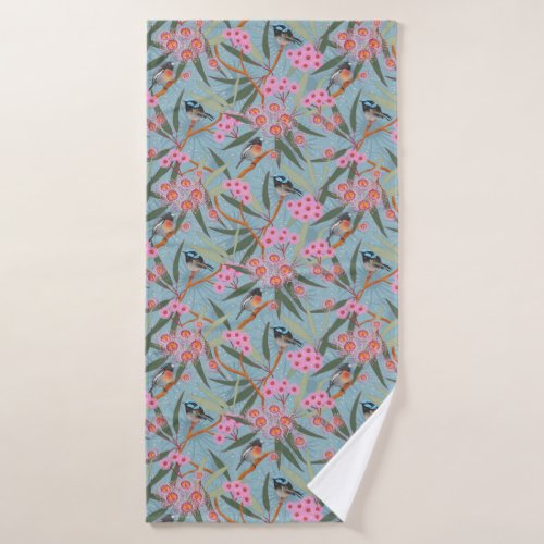 Eucalyptus Flowers with Birds in Pink and Blue Bath Towel