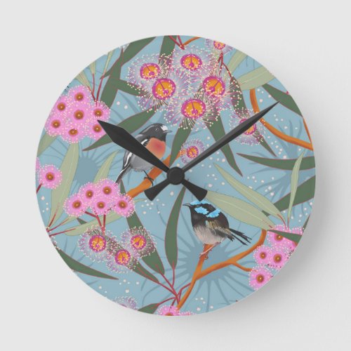 Eucalyptus Flowers with Birds in Pink and Blue Round Clock