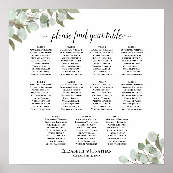 Eucalyptus Foliage 11 Table Wedding Seating Chart | Zazzle