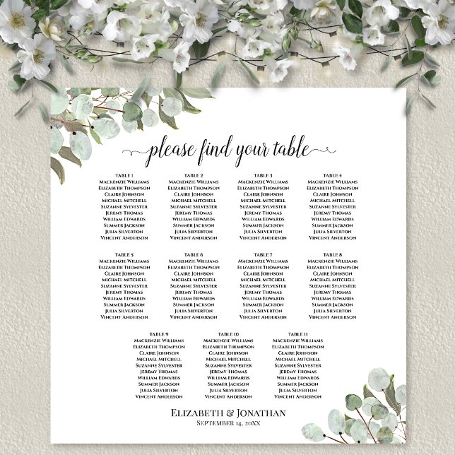 Eucalyptus Foliage 11 Table Wedding Seating Chart (In Situ on Wall with Flowers)