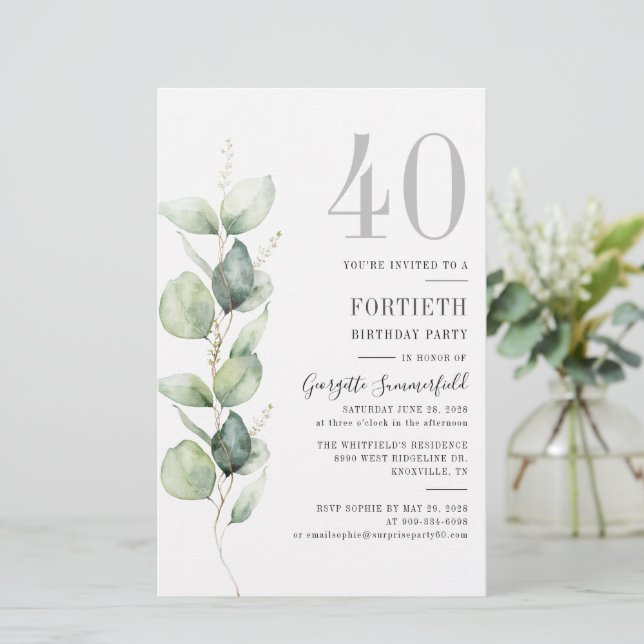 Eucalyptus Foliage 40th Birthday Party Stationery (Standing Front)