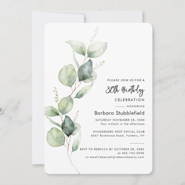 Eucalyptus Foliage 80th Birthday Party Minimalist Invitation (Front)