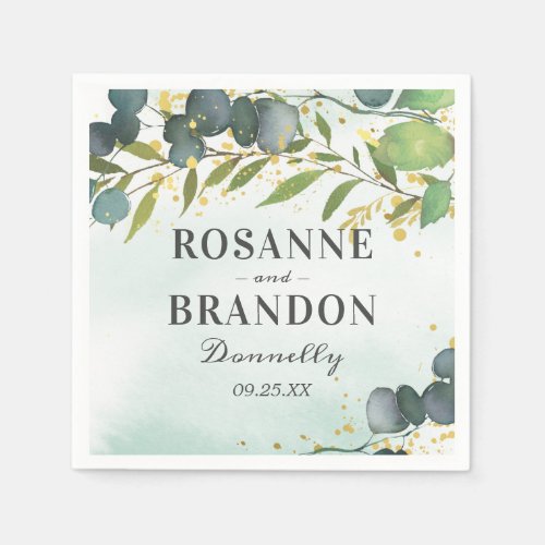 Eucalyptus Foliage and Gold Wedding Napkins - Elegant dusty green wedding party napkins featuring a green/blue watercolor wash, enchanting botanical eucalyptus leaves, splashes of faux gold foil, the couples name, and wedding date.