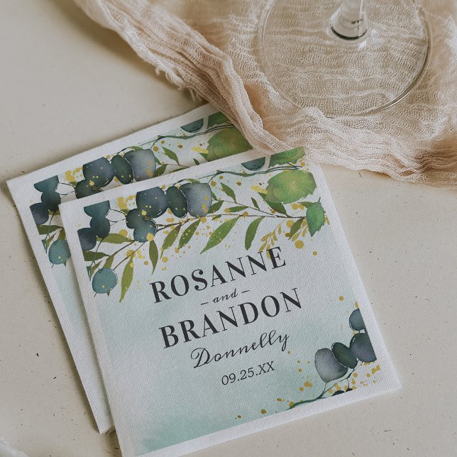 Eucalyptus Foliage and Gold Wedding Napkins (Creator Uploaded)