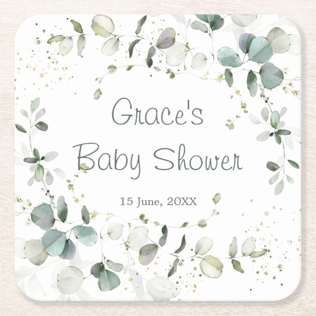 Eucalyptus Foliage Baby Shower  Square Paper Coaster (Front)