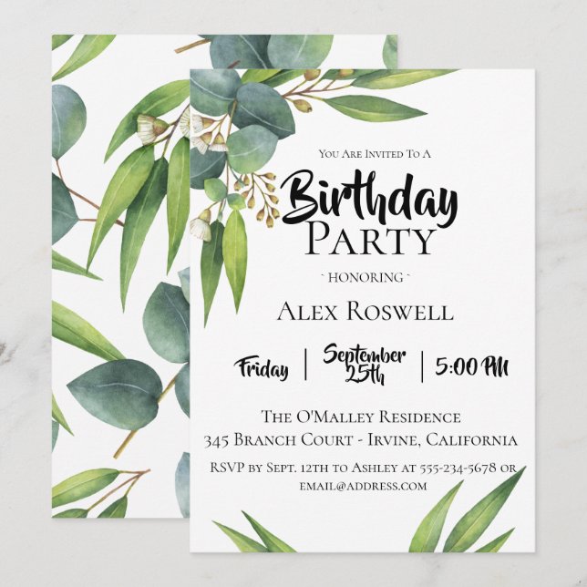 Eucalyptus Foliage Birthday Party Invitation (Front/Back)