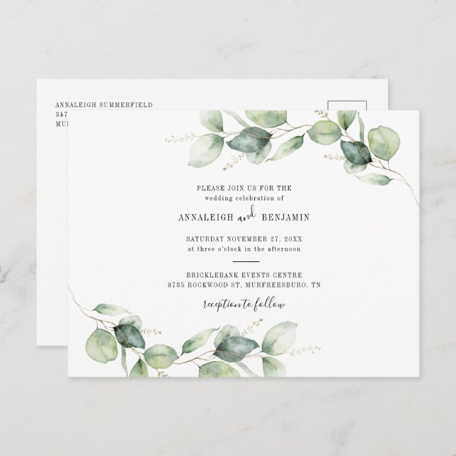 Eucalyptus Foliage Botanical Country Wedding Invitation Postcard (Front/Back)