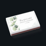 Eucalyptus Foliage Botanical Wedding Favor Matchboxes<br><div class="desc">Watercolor Eucalyptus Script wedding favor featuring a minimalistic botanical design on a white background with popular typography you can easily edit. TIP: Check out below for other wedding and pre wedding preparation events items including bridal shower invitations,  thank you cards,  champagne labels etc collection suite for this design!</div>