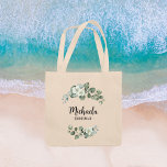 Eucalyptus Foliage Bridesmaid Favor Personalized Tote Bag<br><div class="desc">This Eucalyptus leaf wreath bridesmaid gift tote bag is a beautiful item that your bridesmaids can still use after your wedding day. Get creative and fill this sweet floral tote bag with your favorite gifts for your bridesmaids, maid of honor, matron of honor, mother of the bride, mother of the...</div>