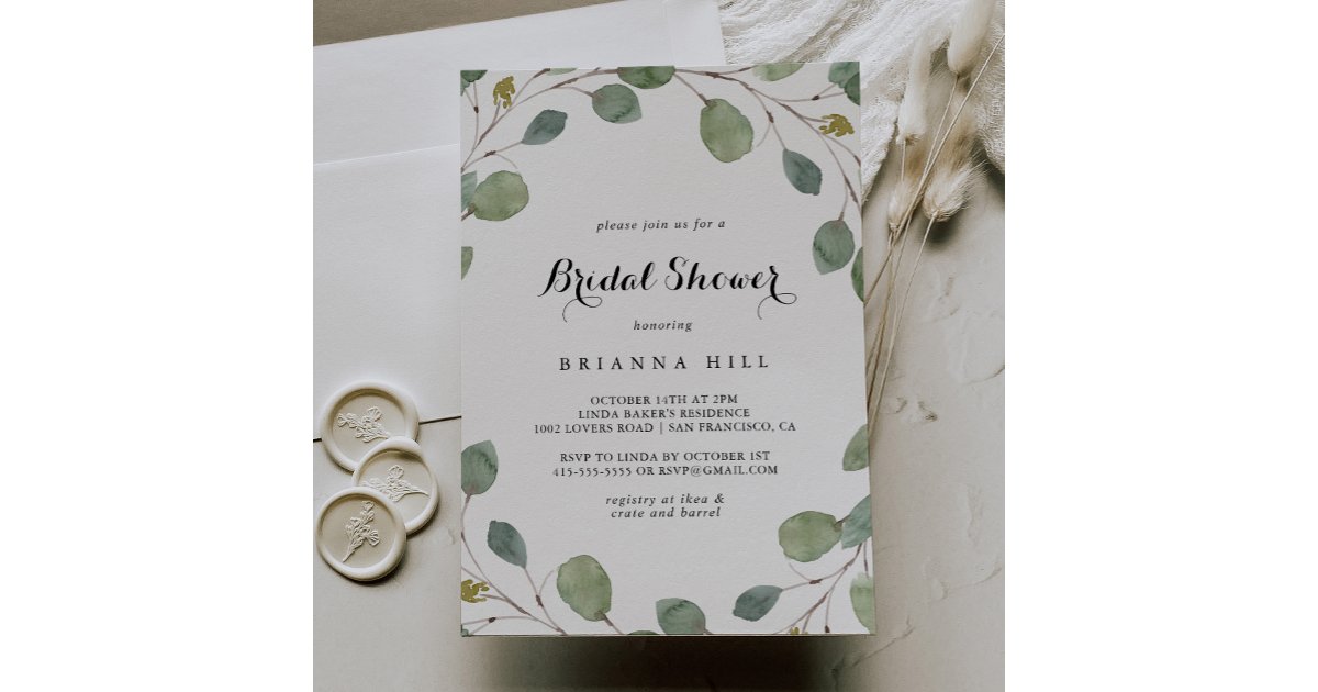 Eucalyptus Foliage Calligraphy Bridal Shower Invitation | Zazzle