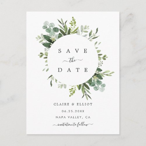 Eucalyptus Foliage Circle Frame Save the Date Announcement Postcard