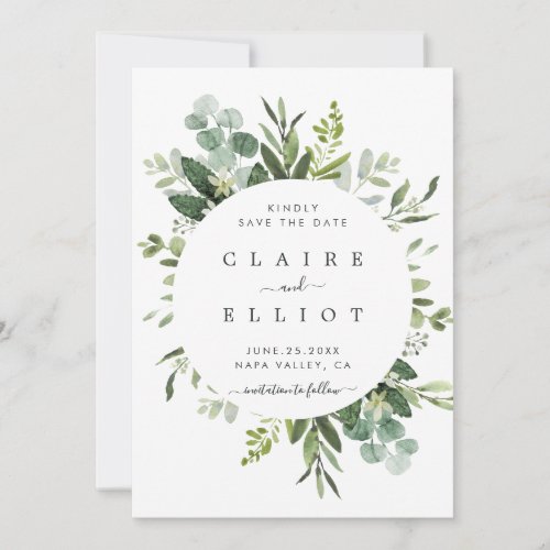 Eucalyptus Foliage Circle Frame Save the Date Card