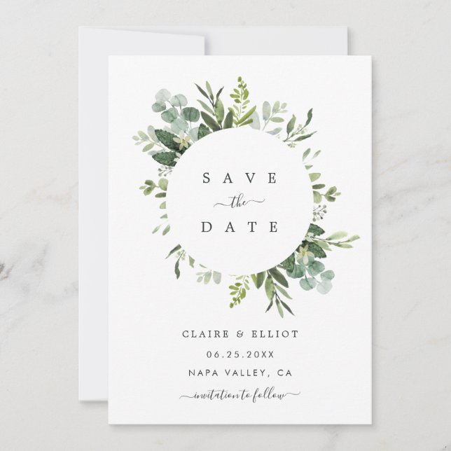 Eucalyptus Foliage Circle Frame Save the Date Card (Front)