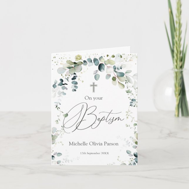 Eucalyptus Foliage Cross Baby Baptism Card (Front)
