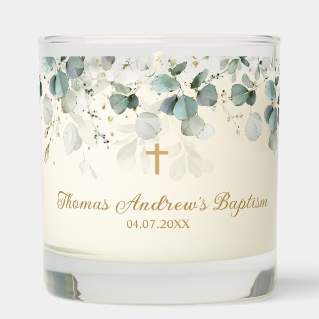 Eucalyptus Foliage Cross Baby Baptism Scented Candle (Front)