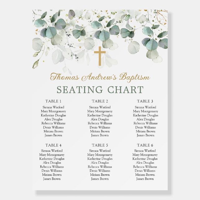 Eucalyptus Foliage Cross Baptism Seating Chart Foam Board (Front)