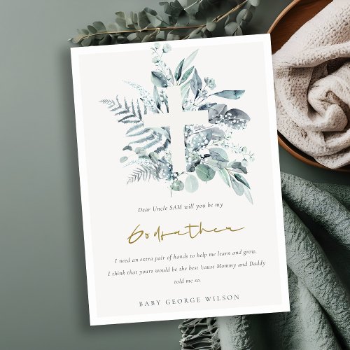 Eucalyptus Foliage Cross Godfather Proposal Invite