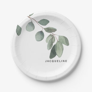 Eucalyptus Foliage Custom Name  Modern Paper Plates