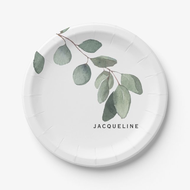 Eucalyptus Foliage Custom Name  Modern Paper Plates (Front)