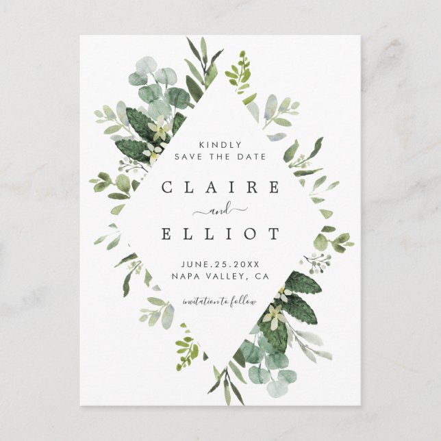 Eucalyptus Foliage Diamond Frame Save the Date Announcement Postcard (Front)