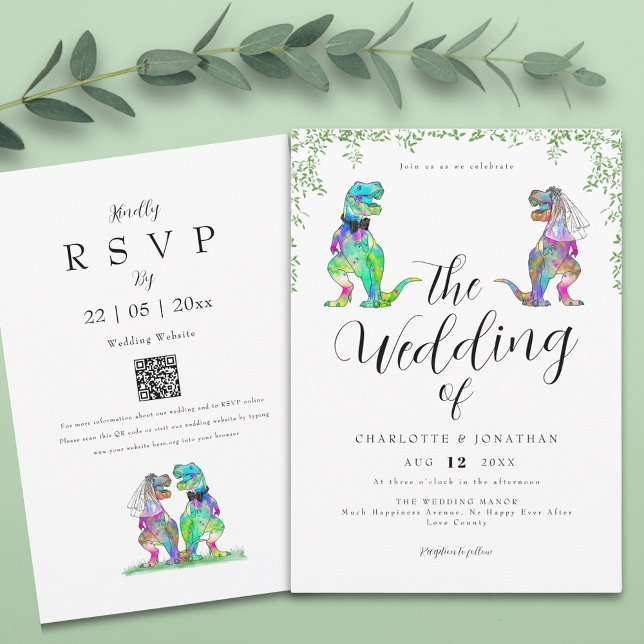 Eucalyptus Foliage Dinosaur Wedding Invitation (Elegant botanical dinosaur wedding invitation with qr code)