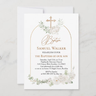 Eucalyptus Foliage Floral Angel Cross Baptism Invitation