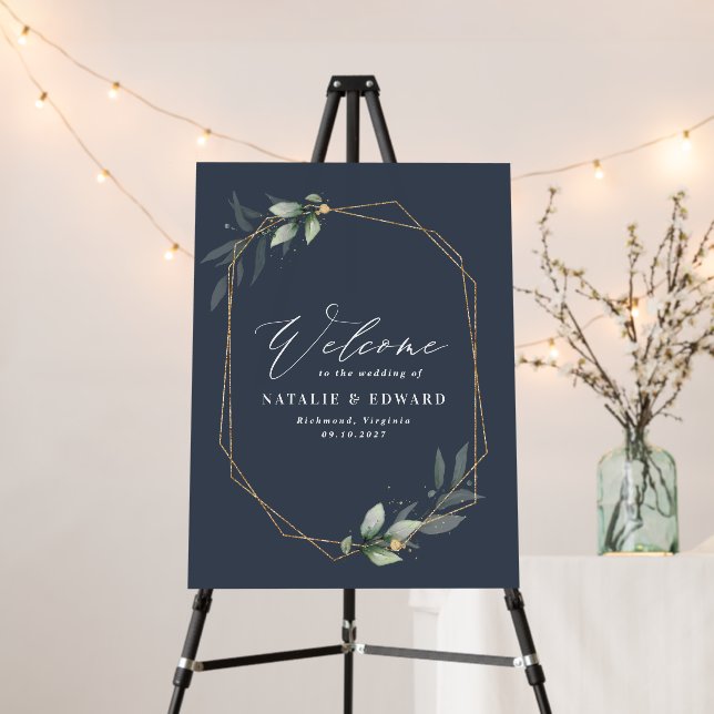 Eucalyptus foliage geometric gold wedding welcome foam board (In Situ (Stand))
