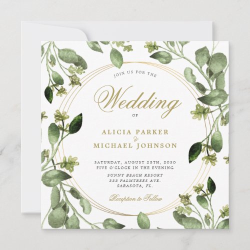 Eucalyptus foliage gold frame monogram wedding invitation