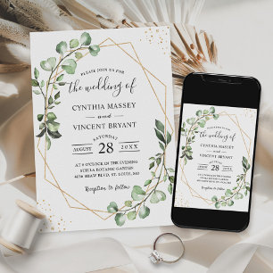 Eucalyptus Foliage Gold Geometric Frame Wedding In Invitation
