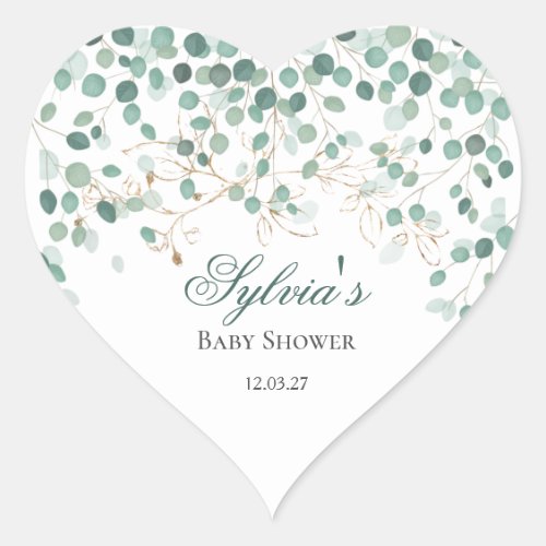 Eucalyptus Foliage Gold Leaves Baby Shower Heart Sticker