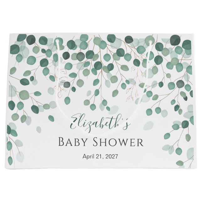 Eucalyptus Foliage Gold Leaves Baby Shower Large Gift Bag (Front)