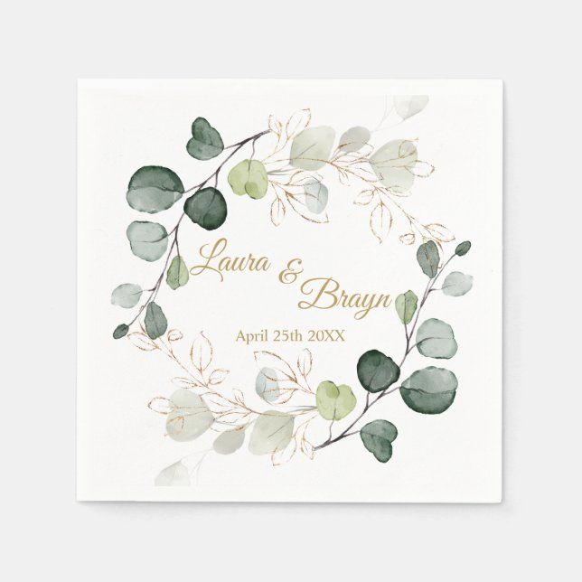 Eucalyptus Foliage Gold Leaves Wedding Napkins (Front)