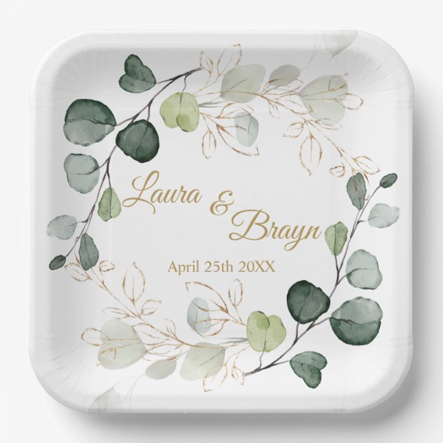 Eucalyptus Foliage Gold Leaves Wedding Paper Plate (Front)