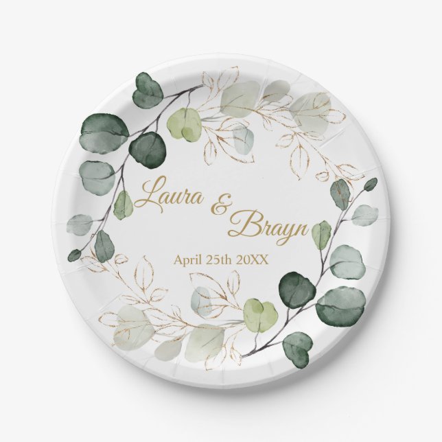 Eucalyptus Foliage Gold Leaves Wedding Paper Plates (Front)