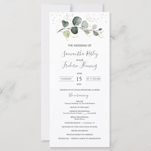 Eucalyptus Foliage Gold Leaves Wedding Program  (Front)